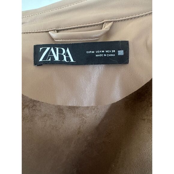 ZARA Vegan Leather Jacket Camel Short Trench Coat Size Medium - Picture 8 of 11